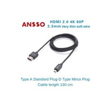 An쏘-미니 마이크로 HDMI 4K60P 울트라 파인 슈퍼 플렉시블 코드 DSLR 마이크로 싱글 아토모스 HDMI 2.0 4K 60P 18Gbps HDR 40CM 70CM 130, 기타_A-D-130