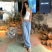 썸머 로우라이즈 연청 와이드 데님 밴딩 청바지 여름 캐주얼 편한 워싱 데일리