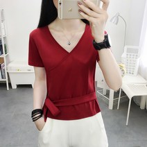 브이넥티셔츠 허리보정 상의 반팔 여성의류 여름 슬림 날씬해 보이는 숏 505510820