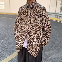 KORELAN 인스 호피 긴팔 셔츠 남트렌드 봄 가을 복고 커플 루즈핏 칼라 셔츠 코트