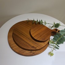 모어우드 나무도마 티크 원목 플레이팅 수제 캠핑 도마, 원형손잡이도마 (중) 35 x 25cm