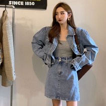 모던 데님 세트 여 빈티지 루즈핏 상의 하이웨이스트 치마 데일리룩 플리츠 라운드 블라우스 원피스 여성