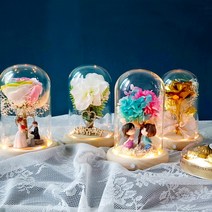[더라임코리아] LED 무드등 프리저브드 꽃 부케 감성 원목 유리돔 여자 친구 생일 빼빼로, 색상:LED캔디수국