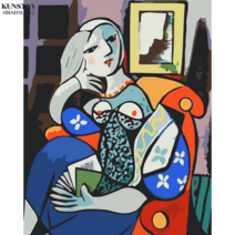 쿤스테이 DIY 명화그리기 2+1 40x50 20x20 고흐 피카소 마티스 바스키아 유화 그림 코팅제 세트, A003 피카소_책을 든 여자