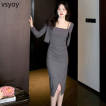 vsyoy 프랑스 드레스 가을 새로운 카디건 슬링 슬림 달콤한 매운 바람 니트 주름 슬림