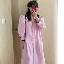 하젤 블라스 퍼프 스트라이프 롱셔츠 원피스_F1385