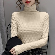 여성 엠보싱 패턴 목폴라 터틀넥 티셔츠