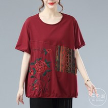 도오빠 여성 반팔 티셔츠 장미 꽃무늬 반팔티 자수 블라우스 루즈핏 면티 여자반팔티