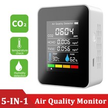 공기질 이산화탄소 측정기 5/3 In 1 이산화탄소 검출기 TVOC HCHO 모니터 창고 대기질 온도 습도 측정기, 한개옵션1, 02 White No Battery