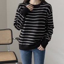 바이단미 여성용 라운드넥 스트라이프 소프트 단가라 니트