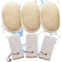 Coimoon 6개 세트 (유럽산) I 각질 제거 수세미 패드 (3개) 및 천연 경석이 있는 샤워 스폰지 (3개); 오가닉 루파 스폰지 스크러버 바디 목욕 및 스파 여성 및 남성용