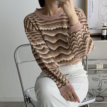 뜨개진 여성용 리포션 루즈핏 펀칭 스카시 스칼럽 라운드 니트