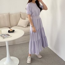 오슈 여성 샤랄라 러블리 주름 셔링 캉캉 면 반팔 롱원피스