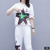 가바바 여성 빅사이즈 트레이닝복 세트 멋스러운 별 프린팅 라운드넥 여름 트레이닝복 세트 G52254