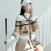 여성 골프 테니스 봄가을 배색 패치 니트 가디건 라운딩 골프웨어 베이지