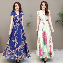 SAMARA 2019여름클래식브이넥플라워 쉬폰원피스여성비치 스커트롱 스커트