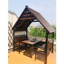 방갈로 통나무 오두막 나무집 펜션 원두막 파고라, 4인실  테이블  거즈커튼  태양광조명