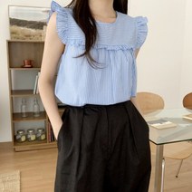 [여름 필수템~!] 프릴 라운드넥 스트라이프 나시 블라우스
