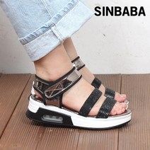 신바바 큐빅 이선 스트랩 플랫 샌들 통굽 에어쿠션 여성 여름 여자