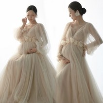 만삭 셀프촬영 임산부 베이비샤워 파티 드레스 여성용 샴페인 사진 촬영 브이넥 긴 소매 얇은 명주 그물 꽃 임신 소품 롱 메쉬 맥시 드레스