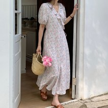 플라워 프릴 퍼프 숄더 랩 롱원피스 A37341