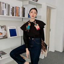 자수 블라우스 KOSAHIKI-빈티지 만화 토끼 일본 스타일 여성 캐주얼 루즈한 블랙 셔츠 년 봄 귀여운