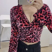 힙한 호피 벨벳 랩 크롭 긴팔티 3색
