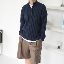 남자반목폭라 단추 골지 반목 하프넥니트