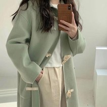떡볶이코트 더플 학생 코트 울 대학 기질 따뜻한 아늑한 겨울 라이트 그린 빈티지 솔리드