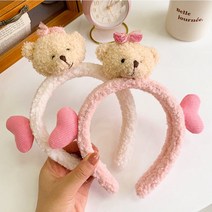 러블리 뽀글이 곰돌이 머리띠 헤어밴드, 핑크 곰돌