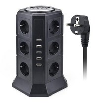 타워 다중 전원 스트립 수직 EU 플러그 12 웨이 콘센트 소켓 USB 서지 보호기 회로 보호 1.8m 확장, Black
