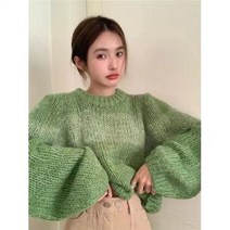 SJW 겨울 여성용 퍼프 숏 스웨터 라운드 니트 티 배색 단가라 소프트