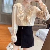 레이스브라우스 만격 기 할인점 상점 전문점 철수함 캐비닛 여성의류 브이넥 궁정풍 셔츠 4811662653, 2XL, 베이지칼라