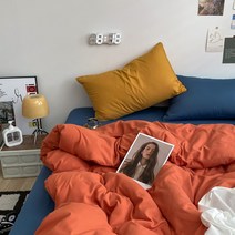 [All] 북유럽 인스타 감성 투톤 파스텔 침구 커버 풀세트 4종 단색 사계절 코튼 순면 이불 모음, 오렌지+네이비_퀸 커버형 4종