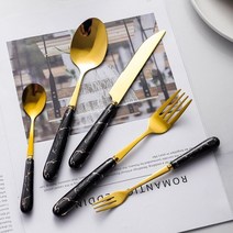 아웃도어 식기세트 골드 세라믹 핸들 스푼 스테인레스 스틸 칼 붙이 세척기 안전 디너 5pcs 캠핑 실버웨어 109, 블랙-골드 5PCS 세트