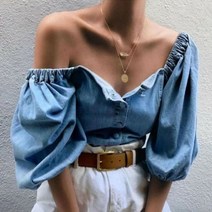 데님 블라우스 빈티지 여성 버튼 다운 데님셔츠 캐주얼 오프숄더 하프 벌룬 루즈 풀오버 탑 데일리룩 셔츠 -
