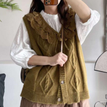 러블리 레이스 리본 카라 레이어드 니트 단추 조끼