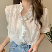 여성 레이스 프릴 오피스룩 캐주얼룩 브이넥 블라우스 쉬폰 플라워 잔꽃 패션의류 차르르 프릴 S~XL
