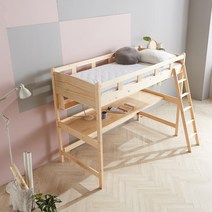 코스모 벙커형 원목 책상+책꽂이 이층침대 싱글+클라우드 메모리폼 15T 매트리스, 네추럴