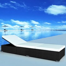 라운지 체어 썬베드 테라스 의자 많은 등나무 Sunlounger 풀 사이드 베란다 긴 라운지용 Sun Lounger 쿠션, 블랙 + 크림 화이트