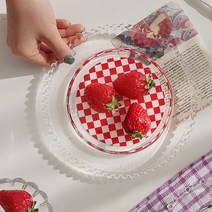 빈티지 체크 투명 유리 접시 체커보드 디저트 그릇 3color, 레드