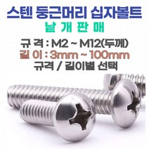 둥근머리 십자나사 볼트 M2~M6(스텐) 십자나사용 평와샤 육각너트 스프링와샤(스텐) 소량 낱개판매, 둥근머리 십자나사 볼트 M6-100 mm (스텐)