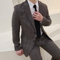 (S-2XL) 스판 체크 정장세트 수트 봄 가을 겨울 남자 캐주얼 결혼식 하객 세미 수트 싱글 2버튼 블레이져