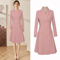 트렌치원피스 유럽과 미국의 우아한 ol 스타일 핑크 긴 소매 진주 더블 브레스트 단어