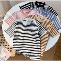 여성 반팔 니트티 줄무늬 라운드넥 여자 반소매 티셔츠 2023 short sleeved knit shirt XK0172