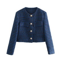 자라 ZARA st 블루 트위드 크롭 숏 노카라 자켓 02083115030