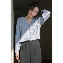 (바니뉴욕)2023신제품 XL까지-럭셔리한 루즈핏 V넥 진주장식 셔링소매 새틴블라우스