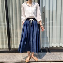리즈와이 데님 면 밴딩 와이드팬츠 플레어 치마바지 통청바지 (진청)