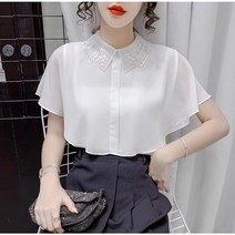 여름 블라우스 화이트 베이지 비쥬 카라 민소매 케이프 망또 셔링 쉬폰 상의 특이한 디자인