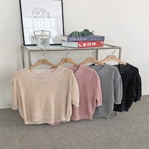[코지] 여자 어카운드 라운드넥 잔펄 얇은 니트 반팔티
